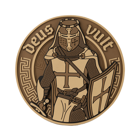 M-Tac Deus Vult 3D PVC Patch in brown with knight motif and 'Deus Vult' text in 3D design, ideal for military and outdoor use.