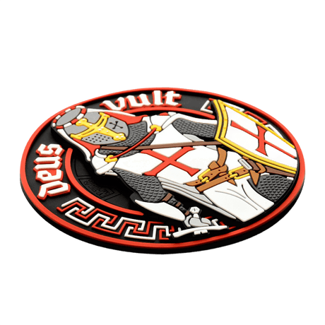 M-Tac Deus Vult 3D PVC Patch with knight design and the text 'Deus Vult'. Tactical morale patch, easy to attach to clothing or gear.