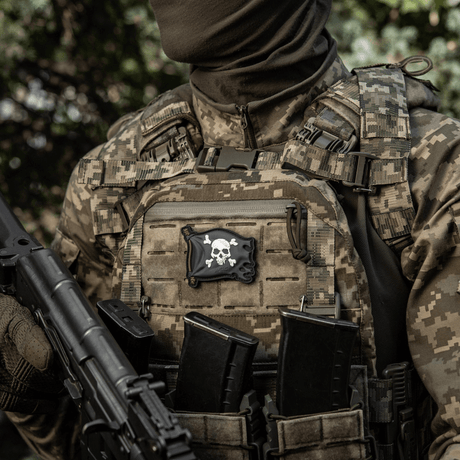 M-Tac Jolly Roger PVC 3D morale patch on tactical vest with Velcro, conveys adventurous spirit and determination, full color.