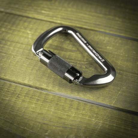 M-Tac Key-Lock Karabinhage i aluminium, ergonomisk designet til klatring og sikkerhed med automatisk lås, længde 110 mm, belastning 30 kN.