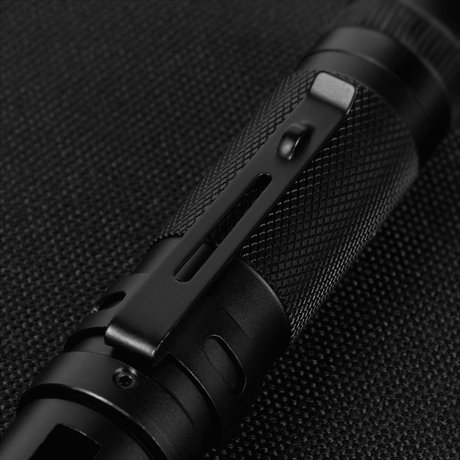 M-Tac Flashlight A180 with adjustable direction and magnet, close detailed side view. Aluminum, LED CREE XPG2, 140 lumen, 129 mm x 21 mm, 81 g.