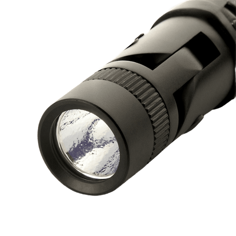 Close-up of M-Tac flashlight P180 with adjustable beam and CREE XPG2 LED, aluminum flashlight up to 140 lumen, AA battery powered.