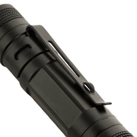 Close-up of M-Tac flashlight P21 in black aluminum, compact design, ideal for EDC kit. Cree XR-E P4-WC LED, up to 130 lumen, AA battery.