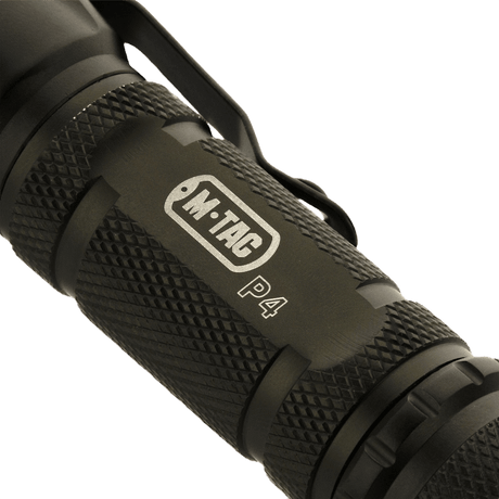 M-Tac flashlight P4 strong tactical LED flashlight with aluminum alloy for outdoor and tactical use, close-up of design.