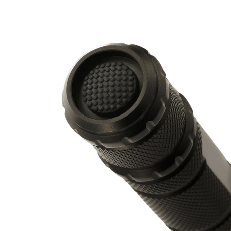 M-Tac flashlight P4 in black aluminum, showing bottom button.