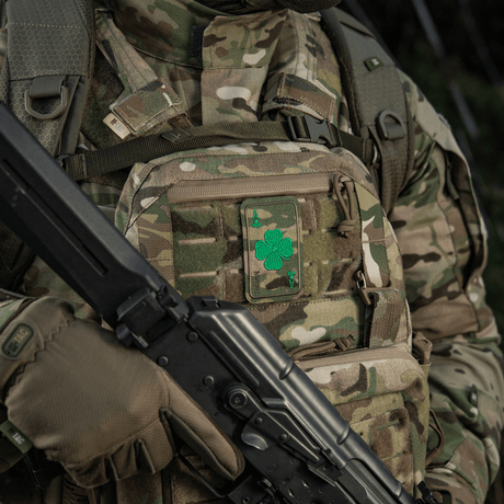 M-Tac Patch Lucky Card (Embroidered) on camouflage jacket, embroidered clover, attached with Velcro, durable Cordura 500D, symbolizes luck and protection.