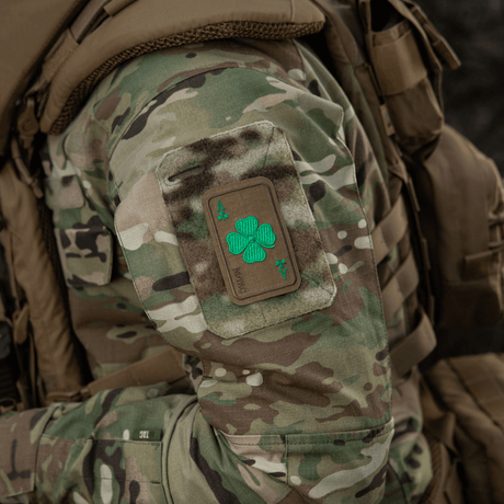 M-Tac Patch Lucky Card (Embroidered) on camouflage jacket with embroidered clover symbolizing luck and protection, attached with Velcro.