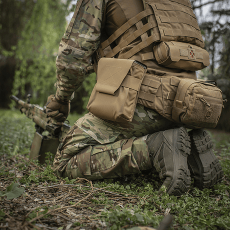Soldier wearing M-Tac Pouch for M249 Cartridge Box Closed in the field, made of Cordura 500D