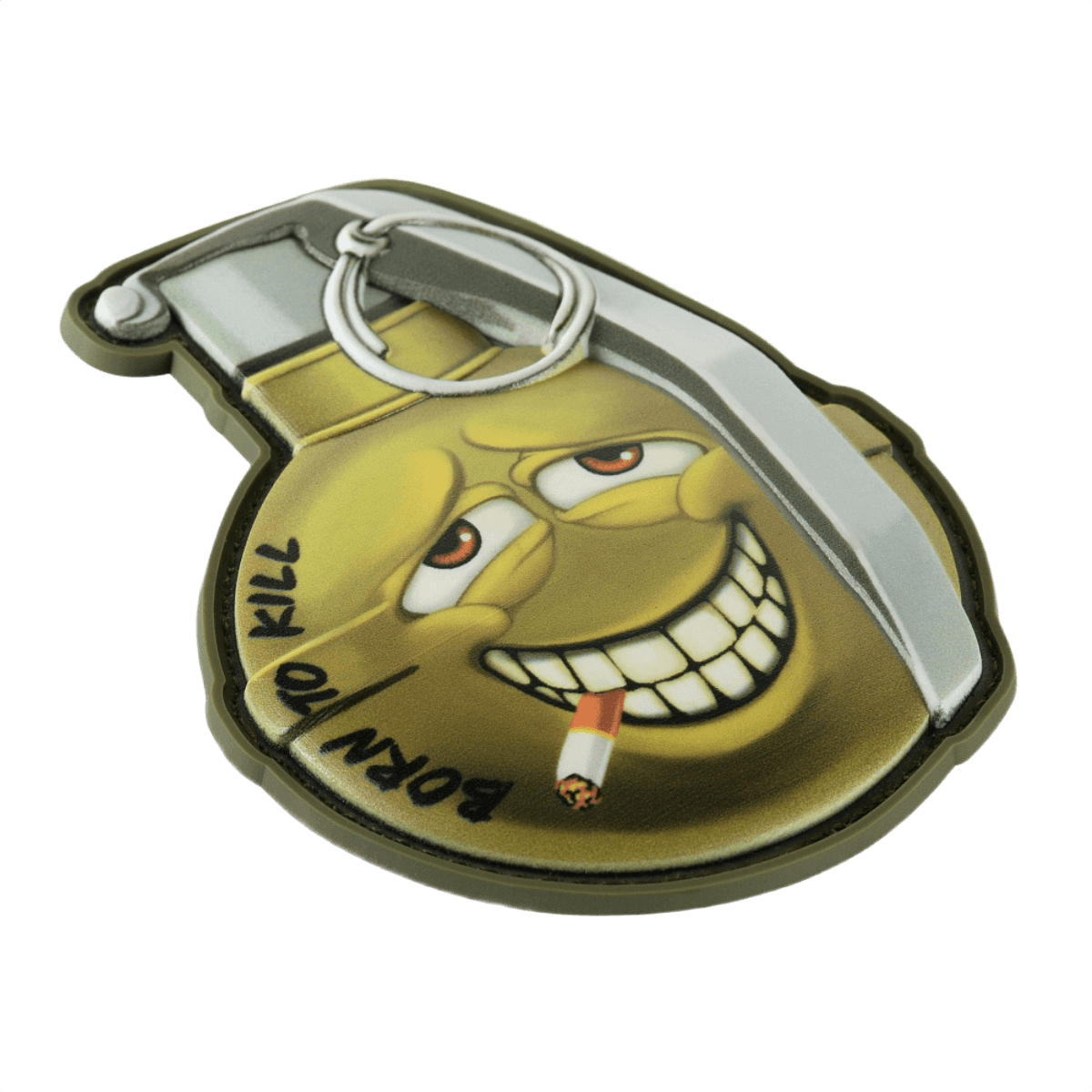 M-Tac Patch M67 Granat 3D PVC med "Born to Kill" emoji, taktisk PVC patch med velcro. Størrelse: 8.8 x 6.8 cm, perfekt til udstyr.