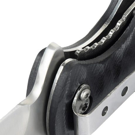 Close-up of M-Tac Outdoor & Military folding knife - Type 4 with G10 composite handle and stainless steel blade.