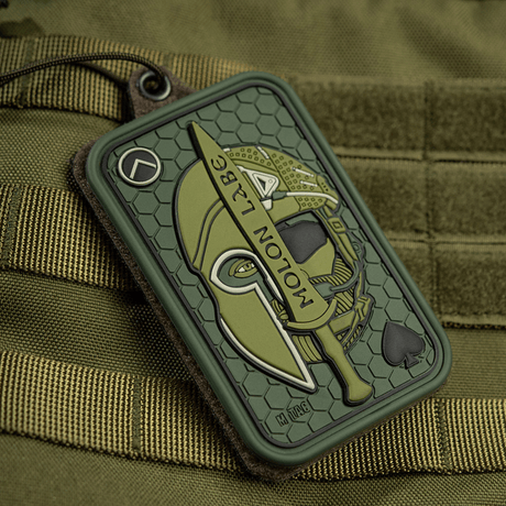 M-Tac Molon Labe 3D PVC with Spartan helmet and sword, mounted on tactical bag with Velcro fastening.