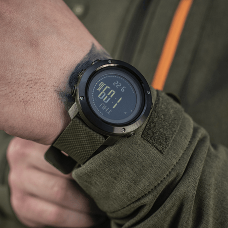 M‑Tac Multifunctional Tactical Watch with robust design and advanced features for outdoor activities and military use, displays temperature and time