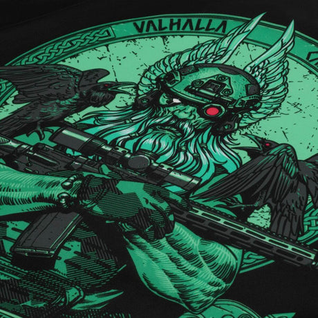 M-tac Flag Odin Night Vision 630x900 with modern warrior Odin in military gear, AR-15, ravens and Valhalla design. Decorative banner.