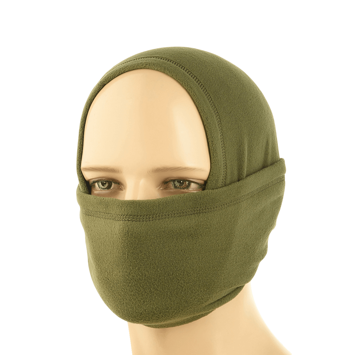 M-Tac Polartec Lang Tubehalstørklæde i grøn fleece, viser alsidigt design som halsrør og ansigtsmaske til koldt vejr.