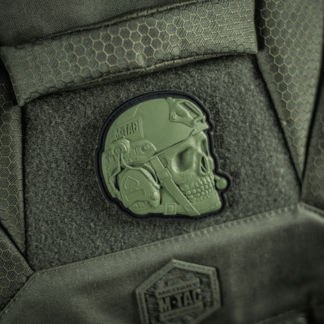 M-Tac Patch Operator 3D PVC on Velcro, realistic design attached to tactical gear in olive green, 6x7 cm morale patch.