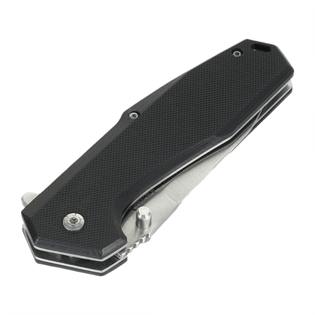 M-Tac Outdoor & Military folding knife - Type 5, closed, black aluminum handle with slip-resistant G10 composite grip panels.