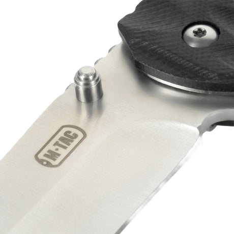 Close-up of M-Tac Outdoor & Military folding knife - Type 4 with chromed stainless steel blade and G10 handle.