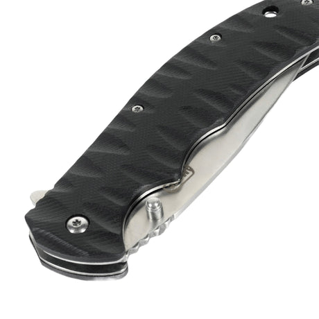 Black handle on M-Tac Outdoor & Military folding knife - Type 4 with G10 composite for durability.