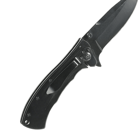 M-Tac Outdoor & Military folding knife - Type 7 with black‑coated chrome stainless steel blade and ergonomic grip, side view.