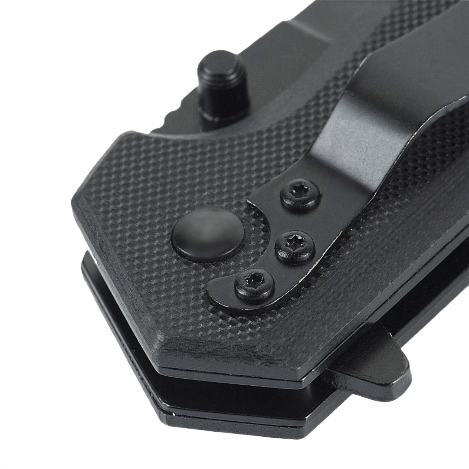Detalje af M-Tac Outdoor & Militær foldekniv - Type 5 med aluminiumshåndtag og skridsikre G10-kompositgrebsflader.