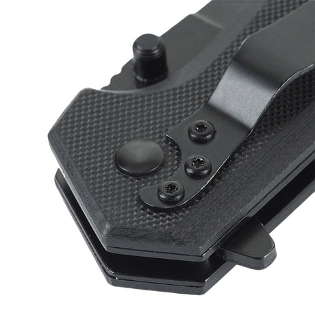Detail of M-Tac Outdoor & Military folding knife - Type 5 with aluminum handle and slip-resistant G10 composite grip panels.
