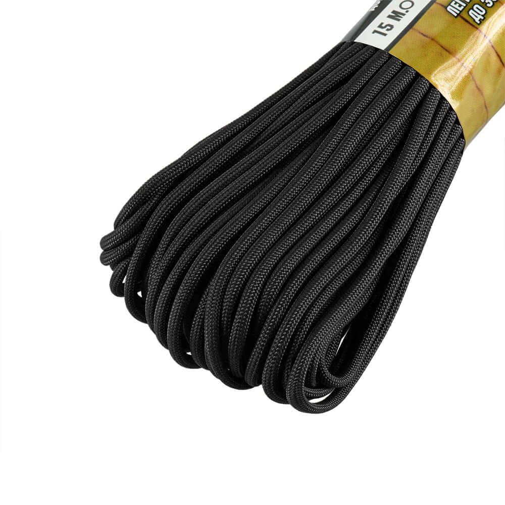 Sort M-TAC Paracord 475, 15 meter nylon reb, robust og slidstærk, ideel til outdoor-aktiviteter og camping.