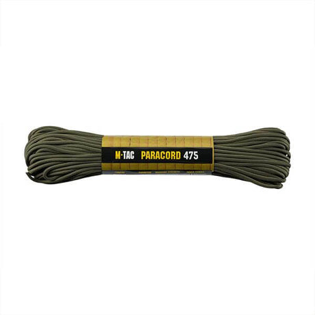 M-TAC Paracord 475 in olive green, 100% nylon, 15 m long, ideal for outdoor activities and camping, high tensile strength, lightweight design.