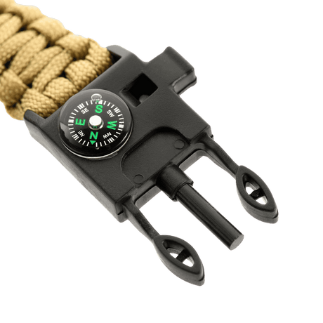 M-Tac Paracord Bracelet with Fire Starter, Compass and Whistle in beige with black buckle and compass detail.