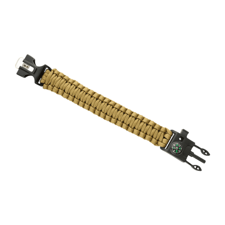 M-Tac Paracord Bracelet with Fire Starter, Compass and Whistle in olive green, perfect for survival and outdoor activities.