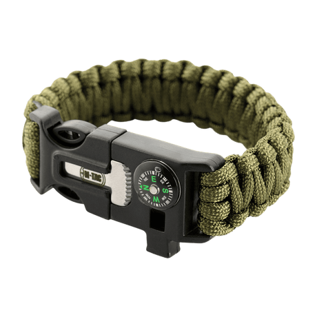 M-Tac Paracord Bracelet with firestarter, compass and whistle in olive green, ideal for outdoor and survival.