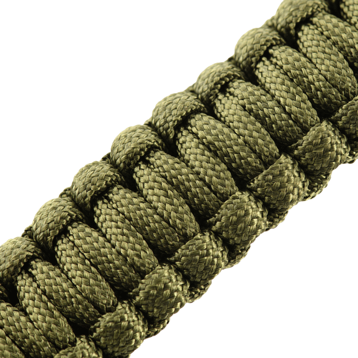 Nærbillede af M-Tac Paracord Armbånd med Ildstarter, Kompas og Fløjte i grøn farve, ideelt til overlevelse og friluftsliv.