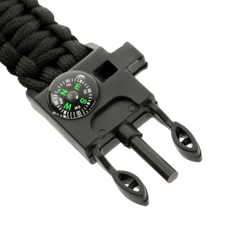 M-Tac Paracord Bracelet with firestarter, compass and whistle in black with robust materials and multifunctional features.