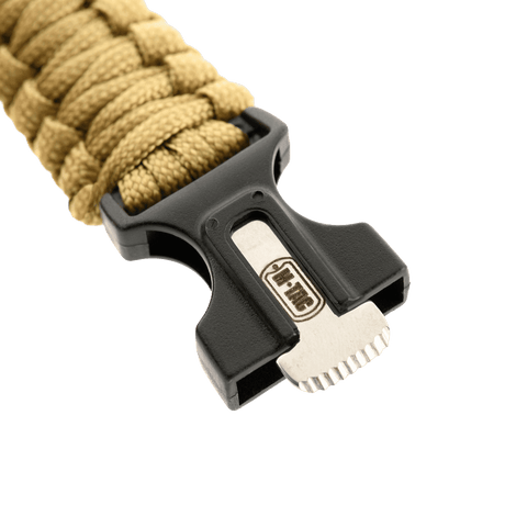 M-Tac Paracord Bracelet with Fire Starter, Compass and Whistle, beige cord and buckle, detailed view.