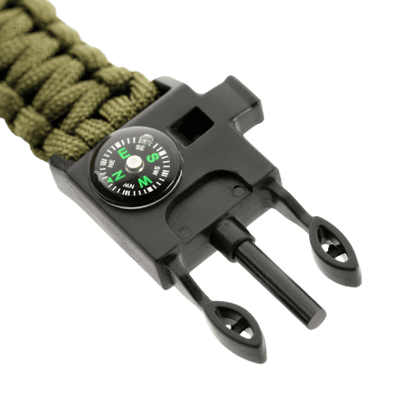 M-Tac Paracord Bracelet with Fire Starter, Compass and Whistle in green showing key features, perfect for outdoor and survival.