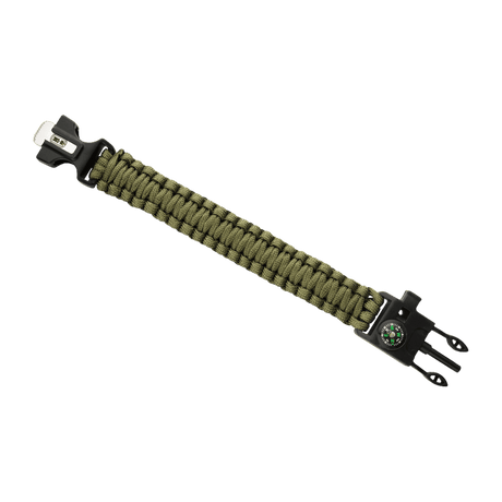 M-Tac Paracord Bracelet with Fire Starter, Compass and Whistle in green, suitable for survival and outdoor adventures.