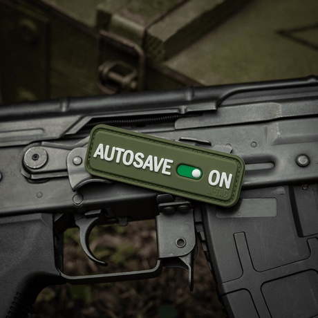 M-Tac Patch Autosave PVC in full color on a tactical weapon with Velcro backing, 3D effect and dimensions 8 x 2.5 cm.