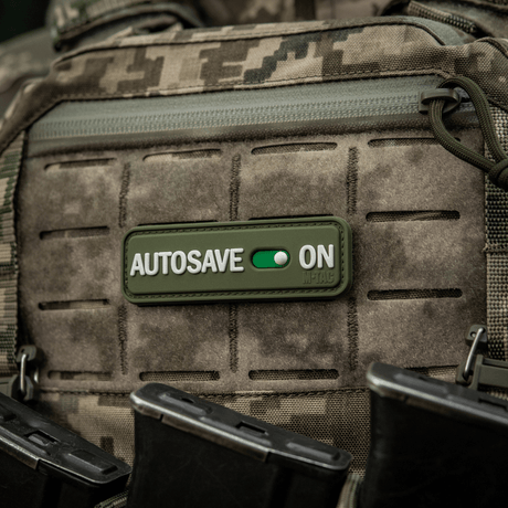 M-Tac Autosave PVC patch on military backpack with Velcro, 8x2.5 cm, full-color 3D, ideal for clothing or tactical gear