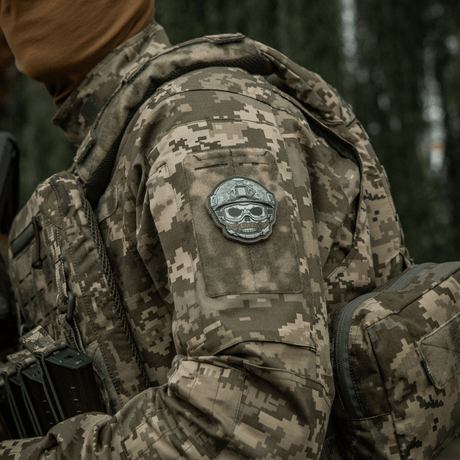 M-Tac Patch Emoji #4 on a camouflage uniform, 3D PVC design with Velcro, tactical morale patch for clothing, bags, or gear. Size: 6.5 x 6.5 cm.