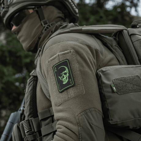 M-Tac Patch Face of War (Embroidered) on tactical gear, fearless skull symbol on an ace of spades card, attached with Velcro.