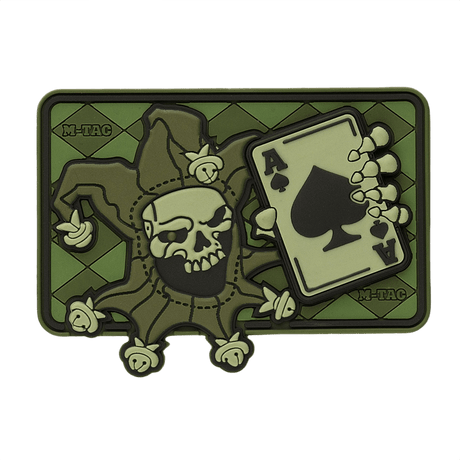 M-Tac Joker Skull 3D PVC with joker and ace in death-card design, tactical morale patch in PVC with Velcro, 78 x 55 mm.