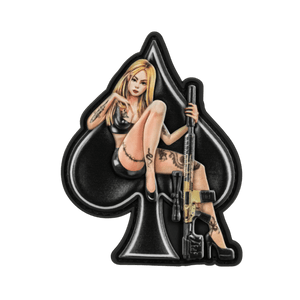 M-Tac Lady of Spades PVC patch in pin-up style, woman with rifle in front of a spade symbol, inspired by American culture, PVC