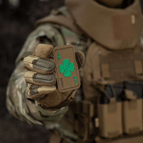 M-Tac Patch Lucky Card (Embroidered) in Cordura 500D with clover attached by Velcro on tactical clothing for luck and protection.