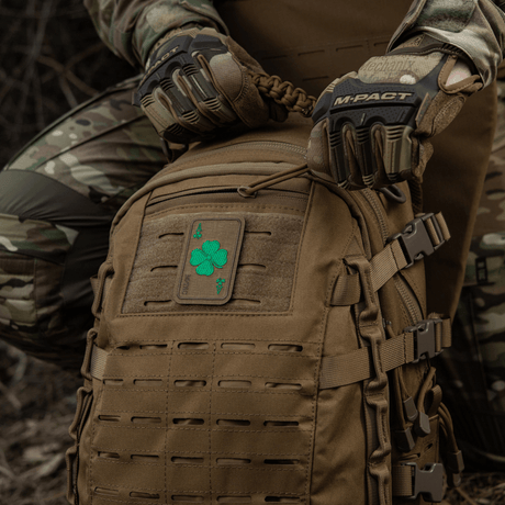 M-Tac Patch Lucky Card (Embroidered) in Cordura 500D on backpack with clover symbol, symbolizes luck and protection, attaches with Velcro.