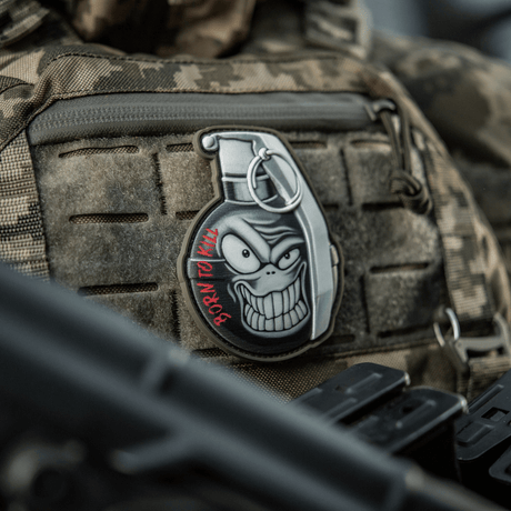 M-Tac Patch M67 Grenade 3D PVC on tactical gear with "Born to Kill" text and emoji design, Velcro backing for easy attachment.