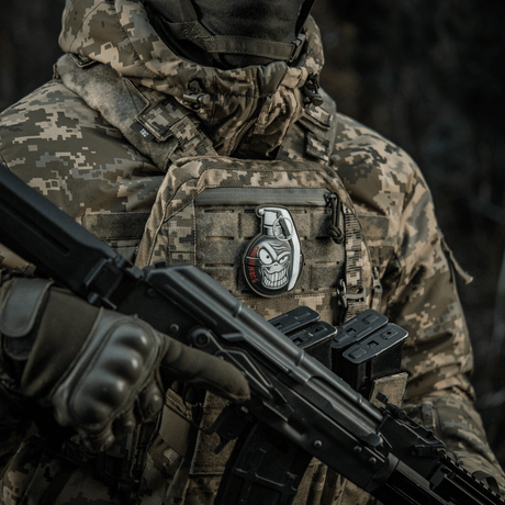 M-Tac Patch M67 Grenade 3D PVC on military uniform with "Born to Kill" humorous design and Velcro attachment.