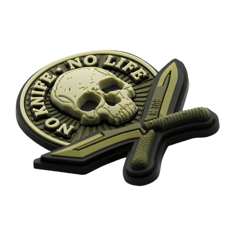 Tactical M-Tac No Knife – No Life 3D PVC patch with knife and skull, Velcro backing, realistic 3D look, 50x50 mm.