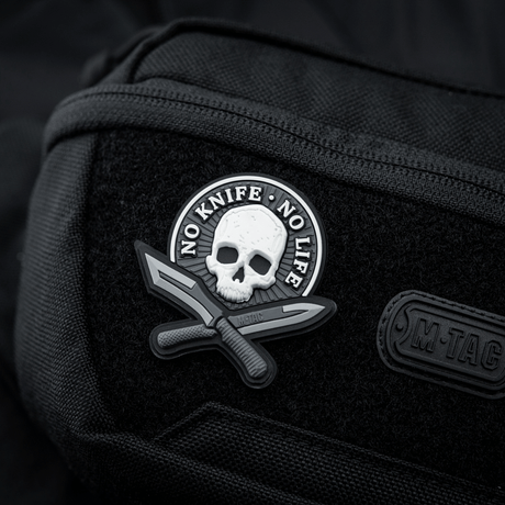 M-Tac Patch No Knife – No Life 3D PVC tactical morale patch with knife and skull design on black bag with Velcro attachment