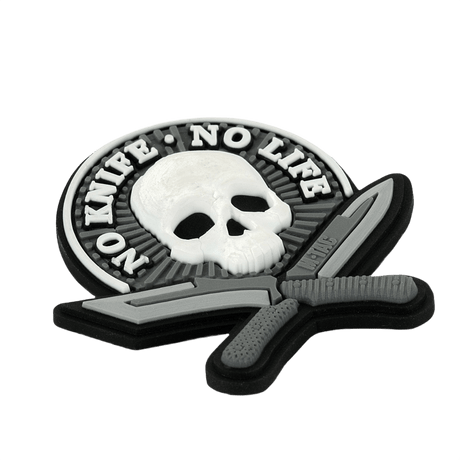 M-Tac No Knife – No Life 3D PVC morale patch with skull and knives, Velcro back, 50x50 mm, for tactical gear.