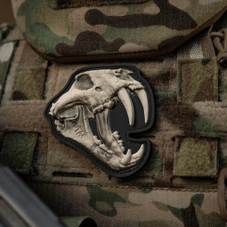 M‑Tac Patch Old Tiger with tiger skull design on camouflage gear, 3D effect PVC patch honoring Ukrainian soldiers, attaches with velcro.