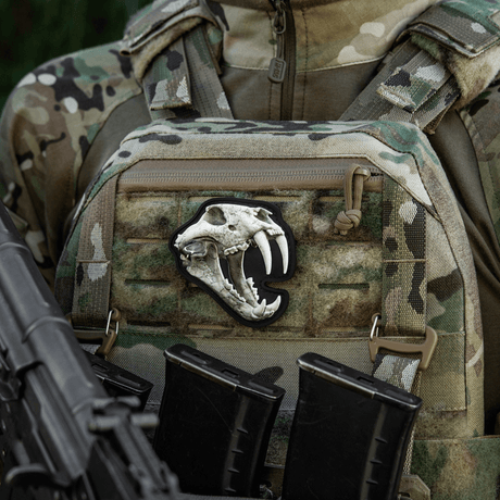 M‑Tac Patch Old Tiger on a camouflage vest with tiger skull design, symbol of courage and experience, 3D PVC patch with velcro closure.